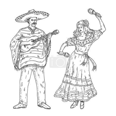 Ilustración de Hombre vestido tradicional poncho mexicano y sombrero tocando la guitarra. Mujer bailando con maracas. Vintage grabado vectorial negro ilustración monocromática. Aislado sobre blanco. Tinta de diseño dibujada a mano - Imagen libre de derechos