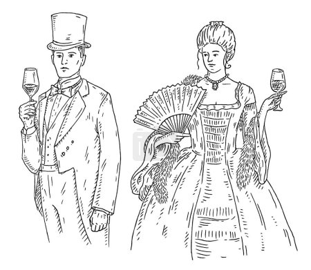 Illustration for Woman and man holding glass wine. Isolated on white background. Vintage vector monochrome black engraving illustration. Hand drawn design element - Royalty Free Image