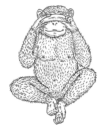 Téléchargez les illustrations : Les singes lui couvraient les yeux de bananes. Illustration de gravure monochrome vectorielle vintage pour affiche, toile, t-shirt, tatouage. Isolé sur fond blanc - en licence libre de droit