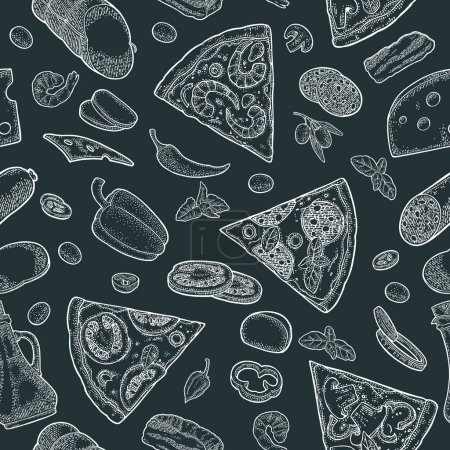 Illustration for Seamless pattern slice pizza Pepperoni, Hawaiian, Margherita, Mexican, Seafood, Capricciosa with ingredients. Vintage vector white engraving illustration for poster, menu, box. Isolated on black - Royalty Free Image