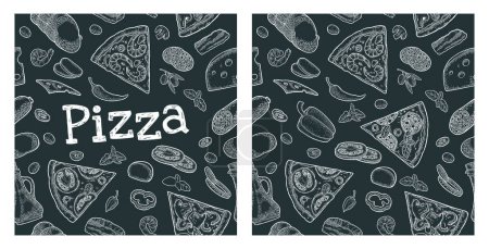 Téléchargez les illustrations : Seamless pattern slice pizza Pepperoni, Hawaiian, Margherita, Mexican, Seafood, Capricciosa with ingredients. Vintage vector white engraving illustration for poster, menu, box. Isolated on black - en licence libre de droit