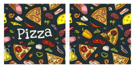 Illustration for Seamless pattern slice pizza Pepperoni, Hawaiian, Margherita, Mexican, Seafood, Capricciosa with ingredients. Vintage vector color engraving illustration for poster, menu, box. Isolated on black - Royalty Free Image