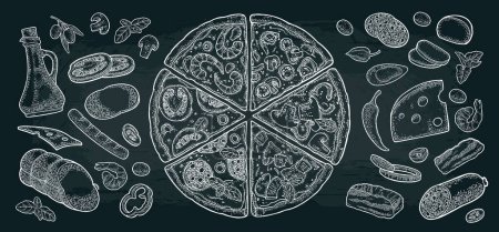 Illustration for Set slice pizza Pepperoni, Hawaiian, Margherita, Mexican, Seafood, Capricciosa with ingredients. Vintage vector black engraving illustration for poster, menu, box. Isolated on white - Royalty Free Image
