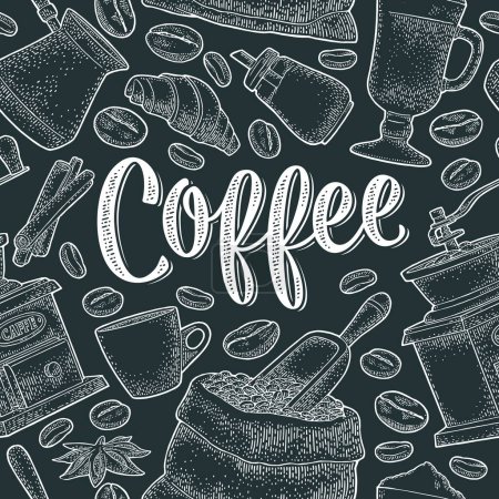 Illustration for Seamless pattern coffee. Glass latte, sugar, beans, branch with leaf and berry, scoop, sack, grinder, cup. Vector vintage monochrome engraving illustration for poster, menu, banner. - Royalty Free Image
