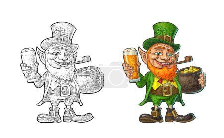 Illustration for Leprechaun holding beer glass and pot of gold coins. Vector color vintage engraving illustration. Isolated on white background. For Saint Patricks Day poster. - Royalty Free Image