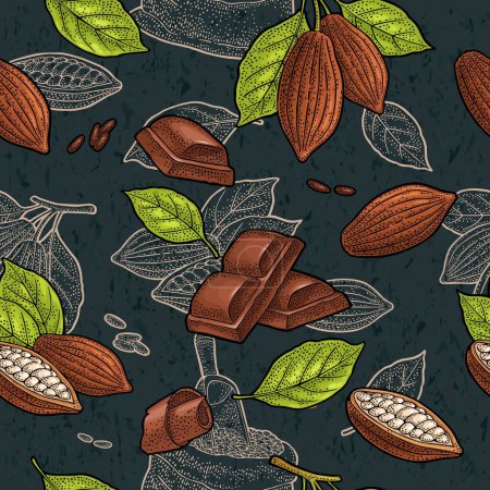 Illustration for Seamless pattern fruits cocoa and piece chocolate. Vector vintage color engraving illustration. Isolated on dark background. Hand drawn design element for square poster - Royalty Free Image