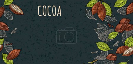 Illustration for Fruits of cocoa with leaves and beans. Chocolate piece, bar and shave. Vector vintage color engraving illustration. Isolated on dark background. Hand drawn design element for horizontal poster - Royalty Free Image