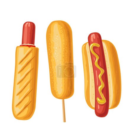 Téléchargez les illustrations : Hotdogs et corndog. Vue latérale. Illustration vectorielle en couleur pour affiche, menus, web. Icône isolée sur fond blanc. - en licence libre de droit