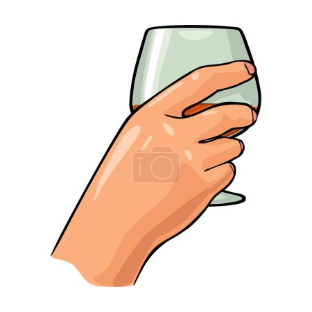 Téléchargez les illustrations : Main féminine tenant du cognac en verre. Illustration vectorielle couleur pour étiquette, affiche, invitation à la fête. Isolé sur fond blanc - en licence libre de droit
