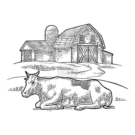 Granja ecológica y libre de vacas. Ilustración de grabado vectorial vintage para información gráfica, póster, web. Aislado sobre blanco. Mano dibujada en un estilo gráfico.