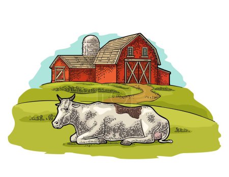 Illustration for Organic farm and cow free range. Vintage vector engraving illustration for info graphic, poster, web. Isolated on white. Hand drawn in a graphic style. - Royalty Free Image