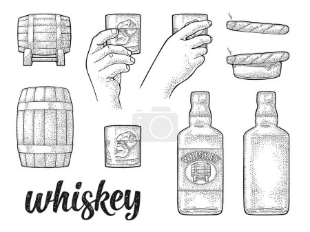 Illustration for Whiskey glass with ice cubes, barrel, ashtray, bottle and cigar. Vector vintage black engraving and and handwriting lettering isolated on white background. Hand drawn design element for poster - Royalty Free Image