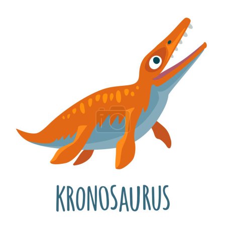 Ilustración de Dinosaurio. Ilustración plana vectorial colorida aislada sobre fondo blanco. Lettering kronosaurus. Diseño para camiseta o icono web - Imagen libre de derechos