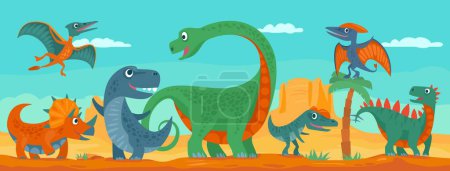 Illustration for Dinosaurs, mountains, palm, cactus and sky with clouds. Vector colorful flat illustration on panorama desert. Design for t-shirt or web. For horizontal banner - Royalty Free Image