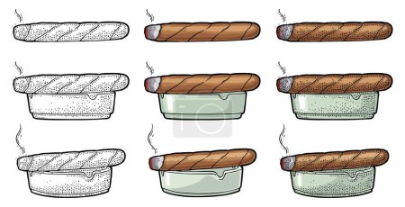 Illustration for Cigar and ashtray. Vector vintage engraving black and color illustration isolated on white background. - Royalty Free Image