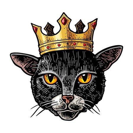 Téléchargez les illustrations : Tête de chat avec couronne. Illustration de gravure couleur vectorielle vintage pour affiche. Isolé sur fond blanc. Elément de design dessiné à la main pour étiquette et affiche - en licence libre de droit