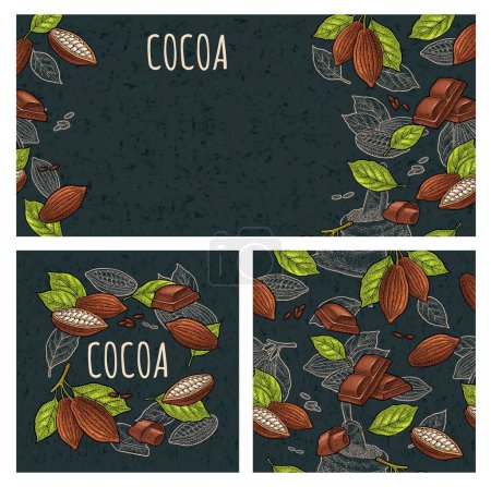 Illustration for Fruits of cocoa with leaves and beans. Chocolate piece, bar and shave. Vector vintage color engraving illustration and seamless pattern. Isolated on dark background. Hand drawn design element - Royalty Free Image