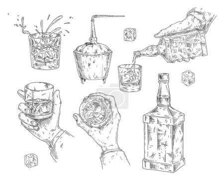 Téléchargez les illustrations : Whisky masculin en verre avec glaçon. Vue de dessus et de côté. Illustration de gravure vectorielle noire vintage isolée sur fond blanc - en licence libre de droit