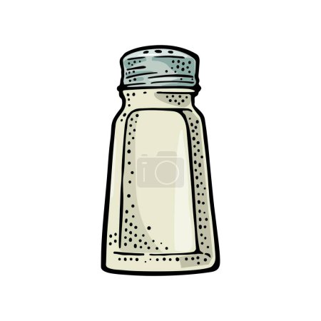 Illustration for Salt shaker. Vintage black and color vector engraving illustration for label, poster, web. Isolated on white background - Royalty Free Image