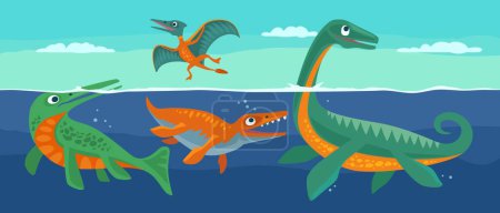 Illustration for Dinosaurs swimming and flying. Vector colorful flat illustration on panorama sea. Design for t-shirt or web. For horizontal banner - Royalty Free Image