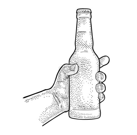 Illustration for Man hand holding open beer bottle. Vintage vector black engraving illustration for web, poster, invitation to party. Isolated on white background. - Royalty Free Image
