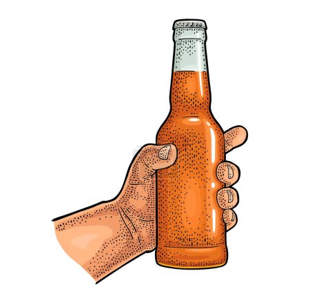 Illustration for Man hand holding open beer bottle. Vintage vector color engraving illustration for web, poster, invitation to party. Isolated on white background. - Royalty Free Image