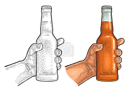 Illustration for Man hand holding open beer bottle. Vintage vector color engraving illustration for web, poster, invitation to party. Isolated on white background. - Royalty Free Image