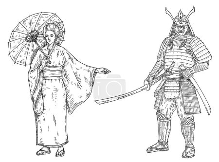 Frau im Kimono mit Regenschirm. Japanischer Samurai mit Schwert. Vintage-Vektorgravur mit schwarzer monochromer Illustration. Isoliert auf weiß. Handgezeichnete Designtinte