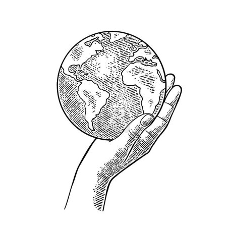 Illustration for Hand holding planet earth. Engraving vintage vector black illustration. Isolated on white background. Hand drawn design element for label and poster - Royalty Free Image