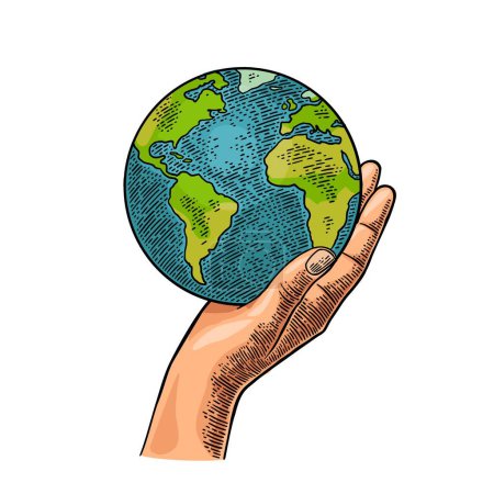 Illustration for Hand holding planet earth. Engraving vintage vector color illustration. Isolated on white background. Hand drawn design element for label and poster - Royalty Free Image