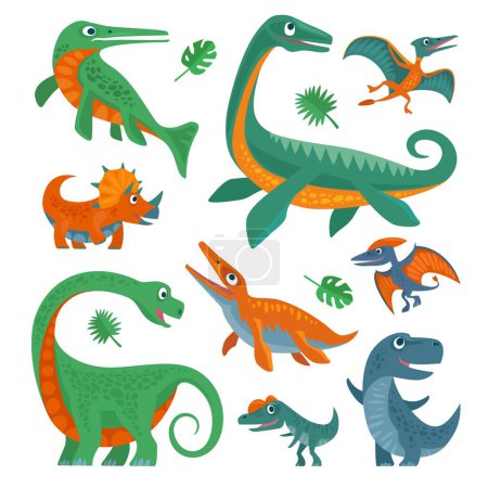 Téléchargez les illustrations : Dinosaures prêts. Illustration vectorielle plate colorée isolée sur fond blanc. Conception pour t-shirt ou icône web - en licence libre de droit