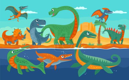 Illustration for Dinosaurs, mountains, palm, cactus and sky with clouds. Vector colorful flat illustration on panorama desert and sea. Design for t-shirt or web. For horizontal banner - Royalty Free Image