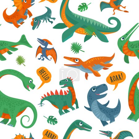 Illustration for Seamless pattern with dinosaurs. Vector colorful flat illustration isolated on white background. Design for t-shirt or poster - Royalty Free Image