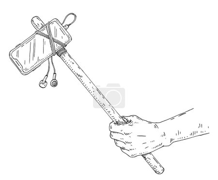 Illustration for Human hand holding stick with tied smartphone. Vintage black vector engraving illustration isolated on white. Drawn design element for t-shirt, poster. Theory of evolution of man. - Royalty Free Image