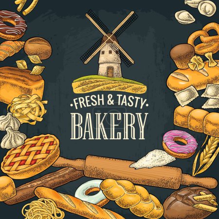 Illustration for Poster for bread or bakery organic shop with lettering. Vector color and black hand drawn vintage engraving illustration. Isolated on the dark texture background. - Royalty Free Image