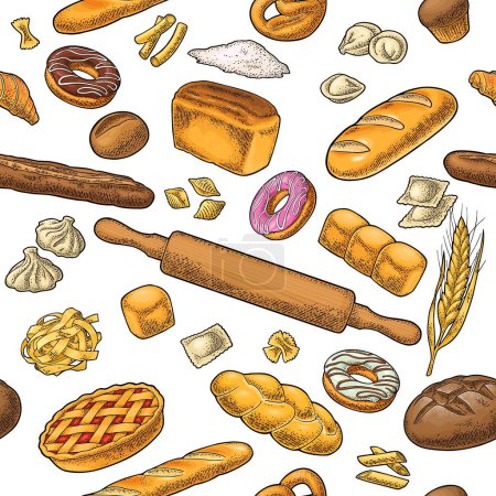 Illustration for Seamless pattern with bread. Vector color and monochrome hand drawn vintage engraving illustration for poster, label and menu bakery shop. Isolated on the white - Royalty Free Image