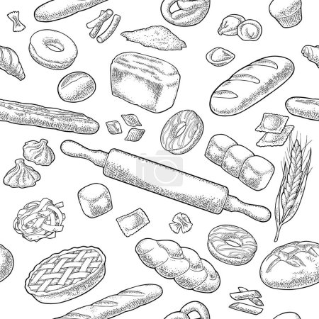 Ilustración de Patrón sin costura con pan. Vector monocromo dibujado a mano ilustración grabado vintage para panadería. Aislado en el blanco - Imagen libre de derechos