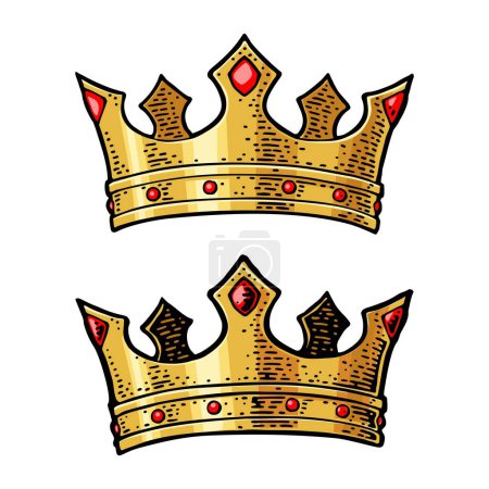 Illustration for King crown. Engraving vintage vector color illustration. Isolated on white background. Hand drawn design element for label, tattoo and poster - Royalty Free Image