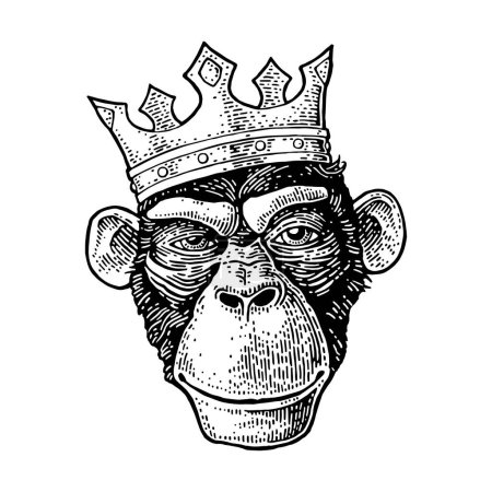 Téléchargez les illustrations : Tête de roi singe avec couronne. Illustration de gravure noire vintage pour affiche. Isolé sur fond blanc. Elément de design dessiné à la main pour étiquette et affiche - en licence libre de droit