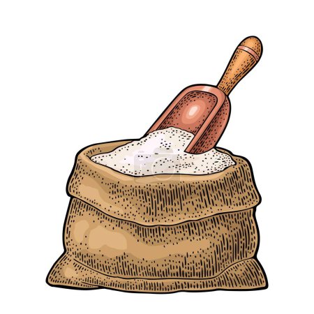 Illustration for Sack with whole flour with wooden scoop. Hand drawn sketch style. Vintage color vector engraving illustration for label, web, flayer bakery shop. Isolated on white background. - Royalty Free Image