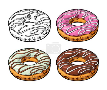 Illustration for Set donut with different icing and stripes. Vector color and monochrome hand drawn vintage engraving illustration for poster, label and menu bakery shop. Isolated on the white background - Royalty Free Image