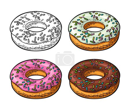 Illustration for Set donut with different icing and colorful sprinkles. Vector color and monochrome hand drawn vintage engraving illustration for poster, label and menu bakery shop. Isolated on the white - Royalty Free Image