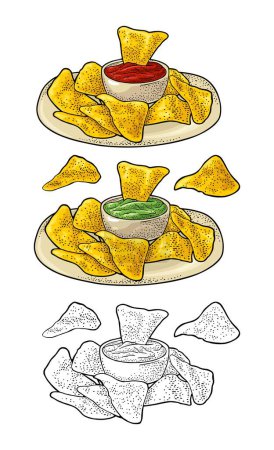 Illustration for Nachos chips with ketchup and guacamole in pan - mexican traditional food. Vector color vintage engraving illustration for menu, poster, web. Isolated on white background - Royalty Free Image