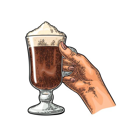 Illustration for Hand holding a glass of Latte macchiato coffee with whipped cream. Hand drawn sketch style. Vintage color vector engraving illustration for label, web, flayer. Isolated on white background - Royalty Free Image