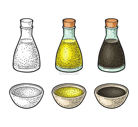 Illustration for Soy sauce in a bottle and bowl. Vector color vintage engraving illustration. Isolated on white background - Royalty Free Image