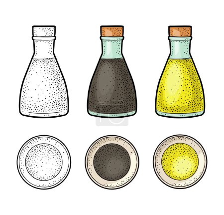 Ilustración de Soy sauce in a bottle and bowl. Vector color vintage engraving illustration. Isolated on white background - Imagen libre de derechos