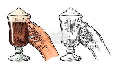 Illustration for Hand holding a glass of Latte macchiato coffee with whipped cream. Hand drawn sketch style. Vintage color vector engraving illustration for label, web, flayer. Isolated on white background - Royalty Free Image