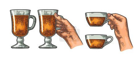 Illustration for Female hand holding a glass cup of black and green tea. Vintage color vector engraving illustration for label, web, poster. Isolated on white background - Royalty Free Image