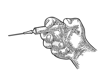 Téléchargez les illustrations : Hand fait une injection avec une seringue. Gravure vintage vecteur noir illustration isolée sur blanc. - en licence libre de droit