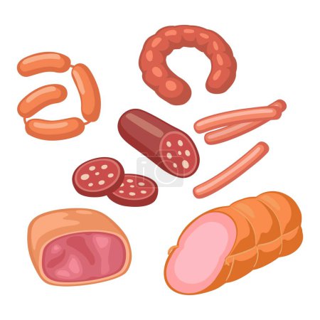 Illustration for Set meat products. Ham and different types sausage. Vector color vector illustration. Icon isolated on white for web menu - Royalty Free Image